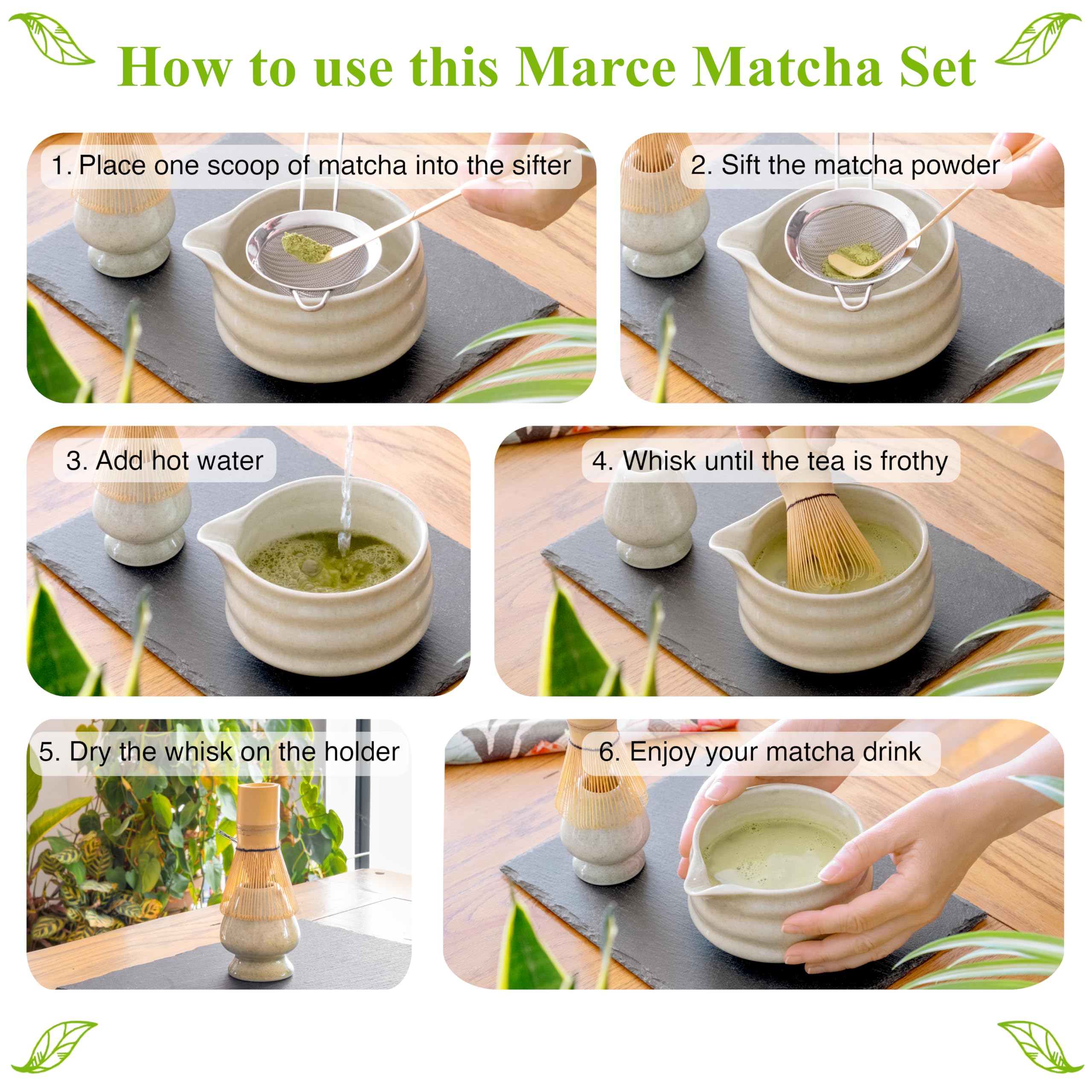 Marce Matcha Whisk Set- Matcha Set includes Matcha Whisk and Bowl (Bowl with Spout), Sifter, Holder and Scoop- The Perfect Bamboo Whisk for Matcha Tea (Black- 7PC)