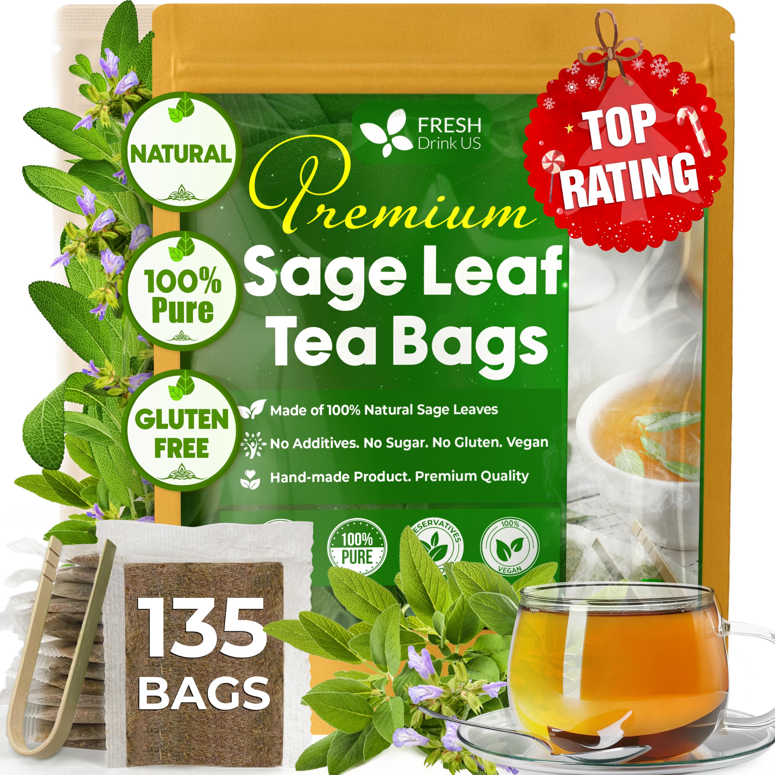 FreshDrinkUS, Premium 135 Sage Leaf Tea Bags, 100% Natural & Pure. Loose Leaf Herbal Tea. Made with Eco-Conscious Tea Bags. No Sugar, No Caffeine, No Gluten, Vegan.