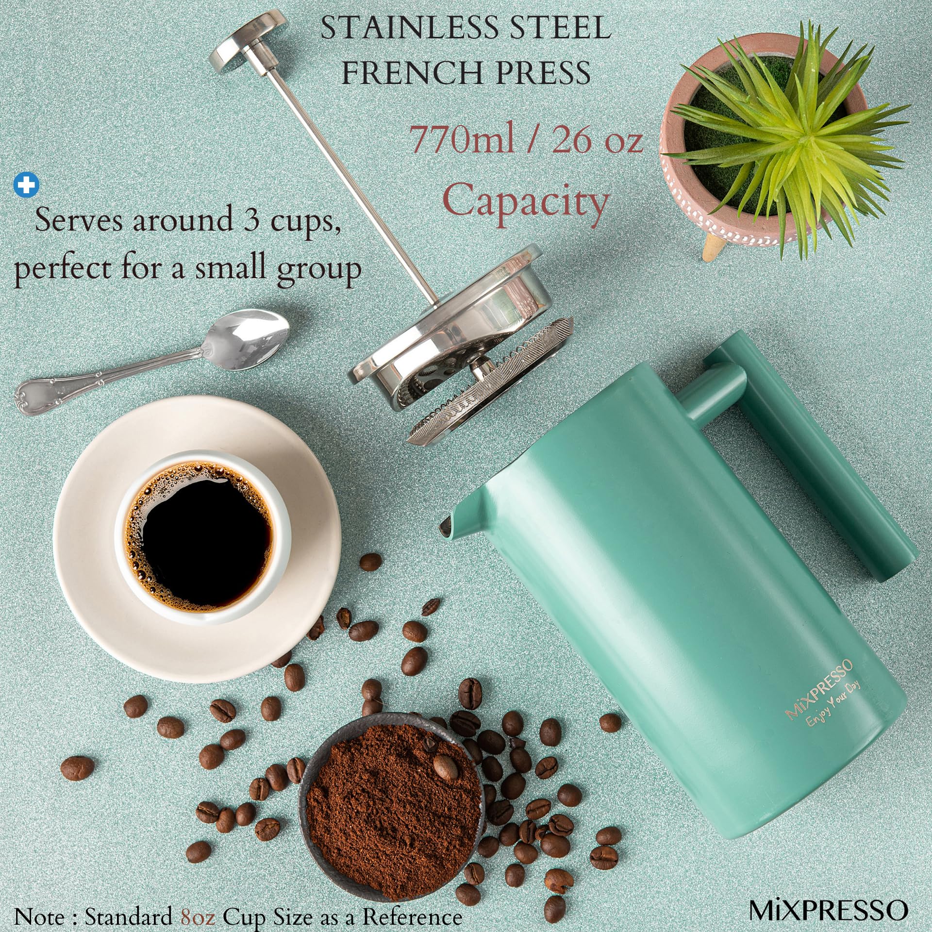 Mixpresso French Press Coffee Maker, 26 Oz Stainless Steel Coffee Press