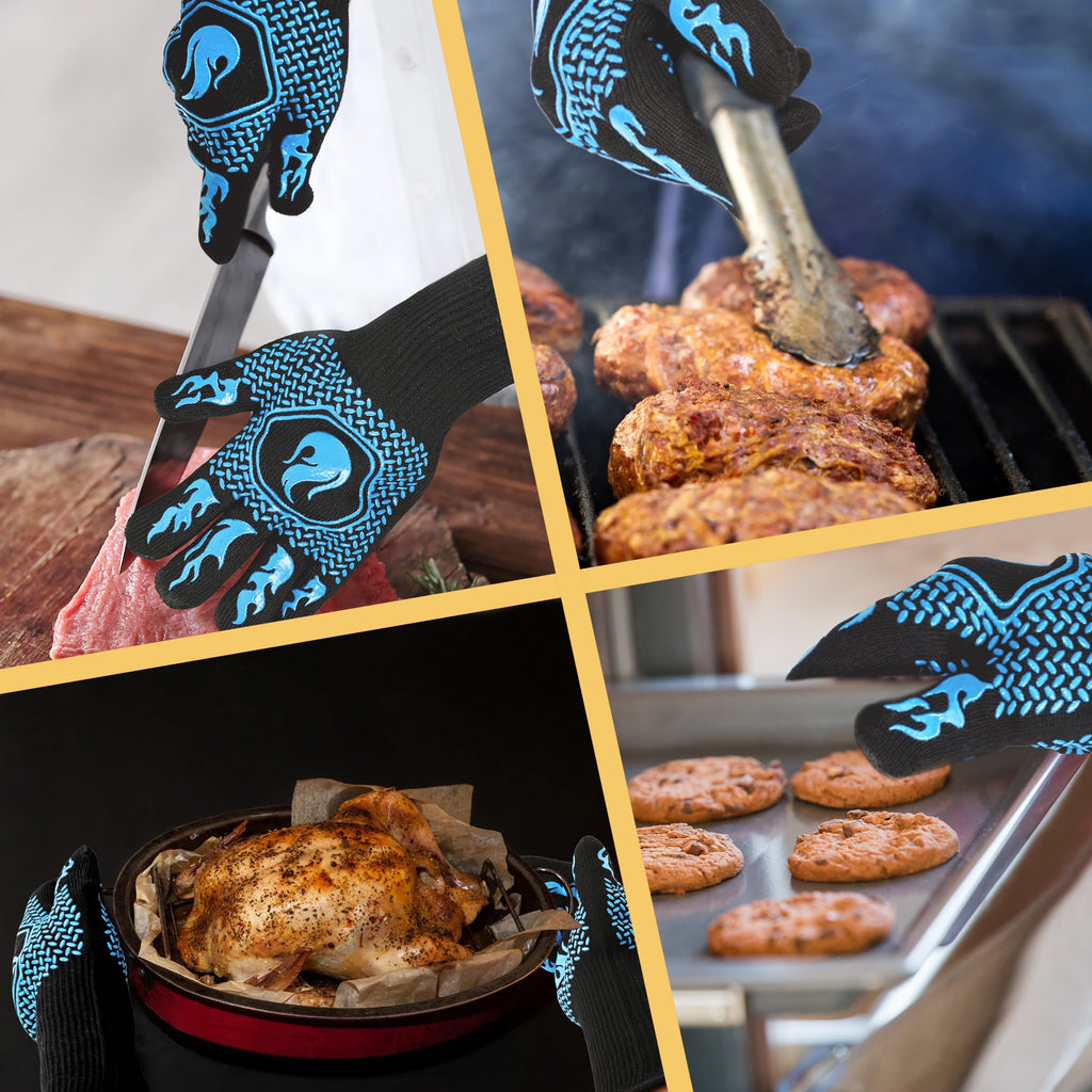 BBQ Gloves 1472F Heat Resistant Non-Slip Silicone (Sky Blue)