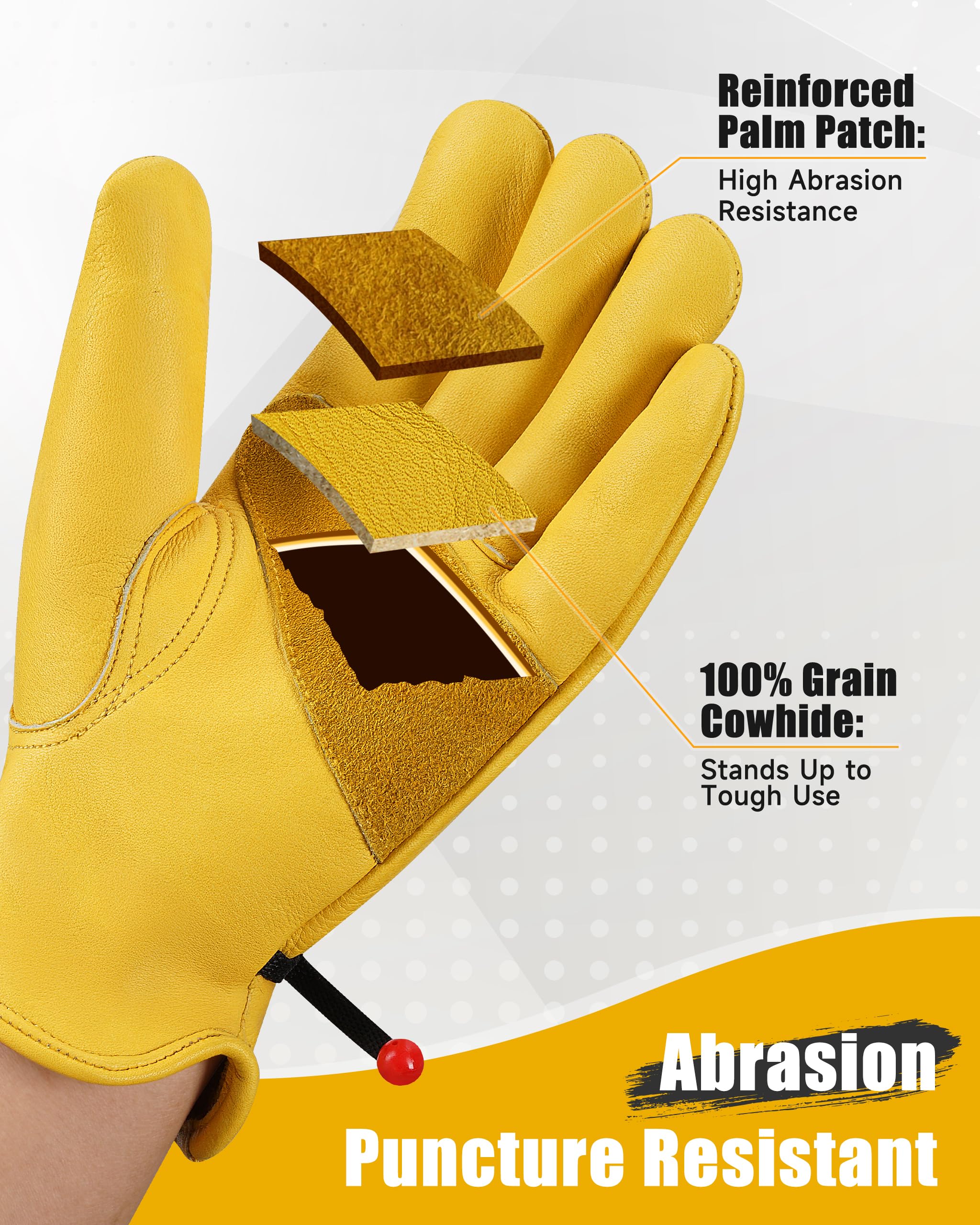 DULFINE Adjustable Cowhide Leather Work Gloves for Men 1 Pair Golden M