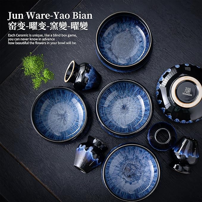 TEANAGOO 7 Pcs Matcha Whisk Set, Matcha Set for Ceremony, Matcha Kit Junware-Blue, Matcha Tea Set for Making Breakfast/Latte, Matcha Whisk Gift Set and Bowl with All Accessories