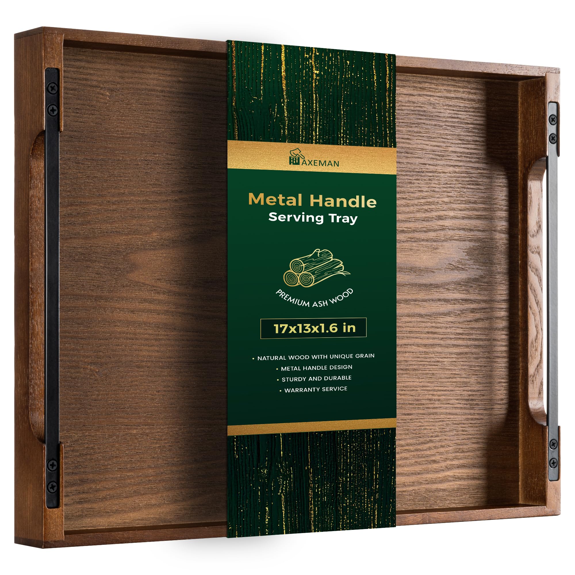 Axeman Wooden Serving Tray with Metal Handles|Ottoman Tray for Breakfast, Bed, Couch|17x13in Ash Wood Coffee Table Trays|Food Drinks Decorative Storage Boards for Ottoman Kitchen, Walnut