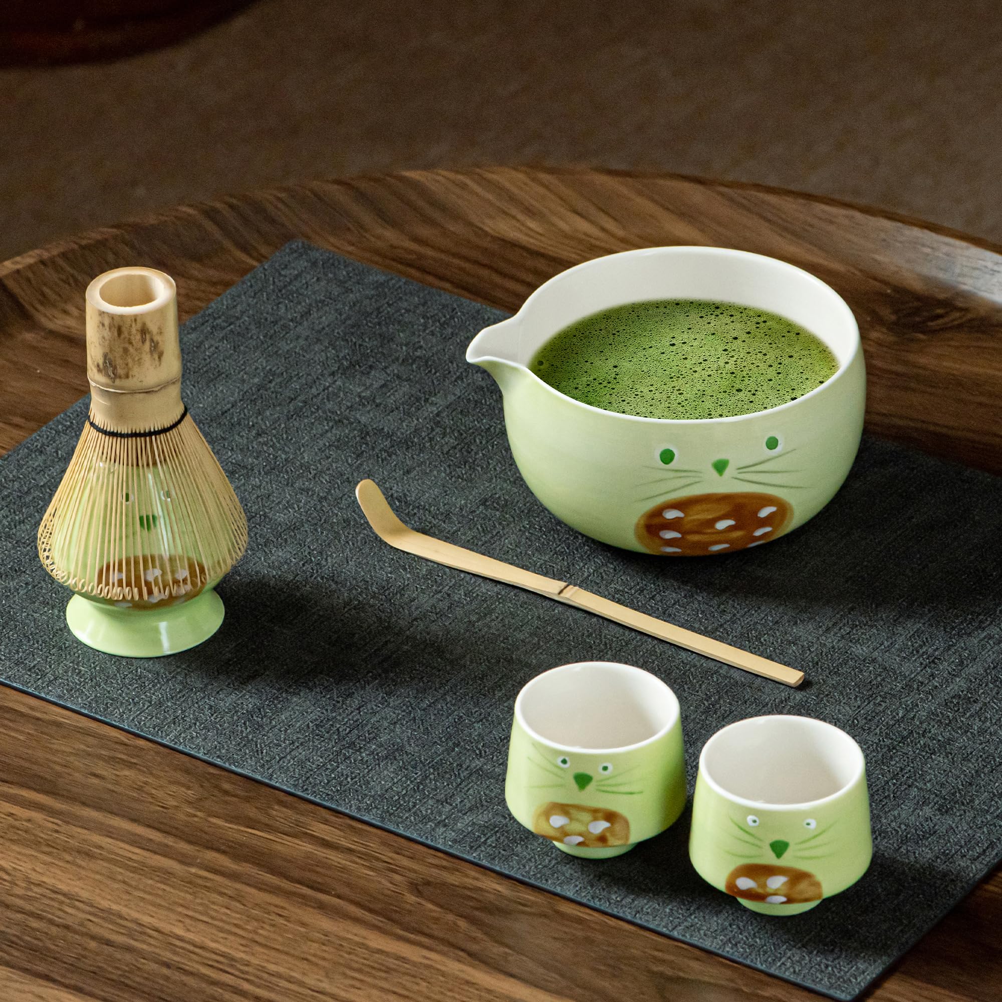 Matcha Whisk Set with Spout, Bowl & Holder, Cute Ceramic Teacups Gift - Cat