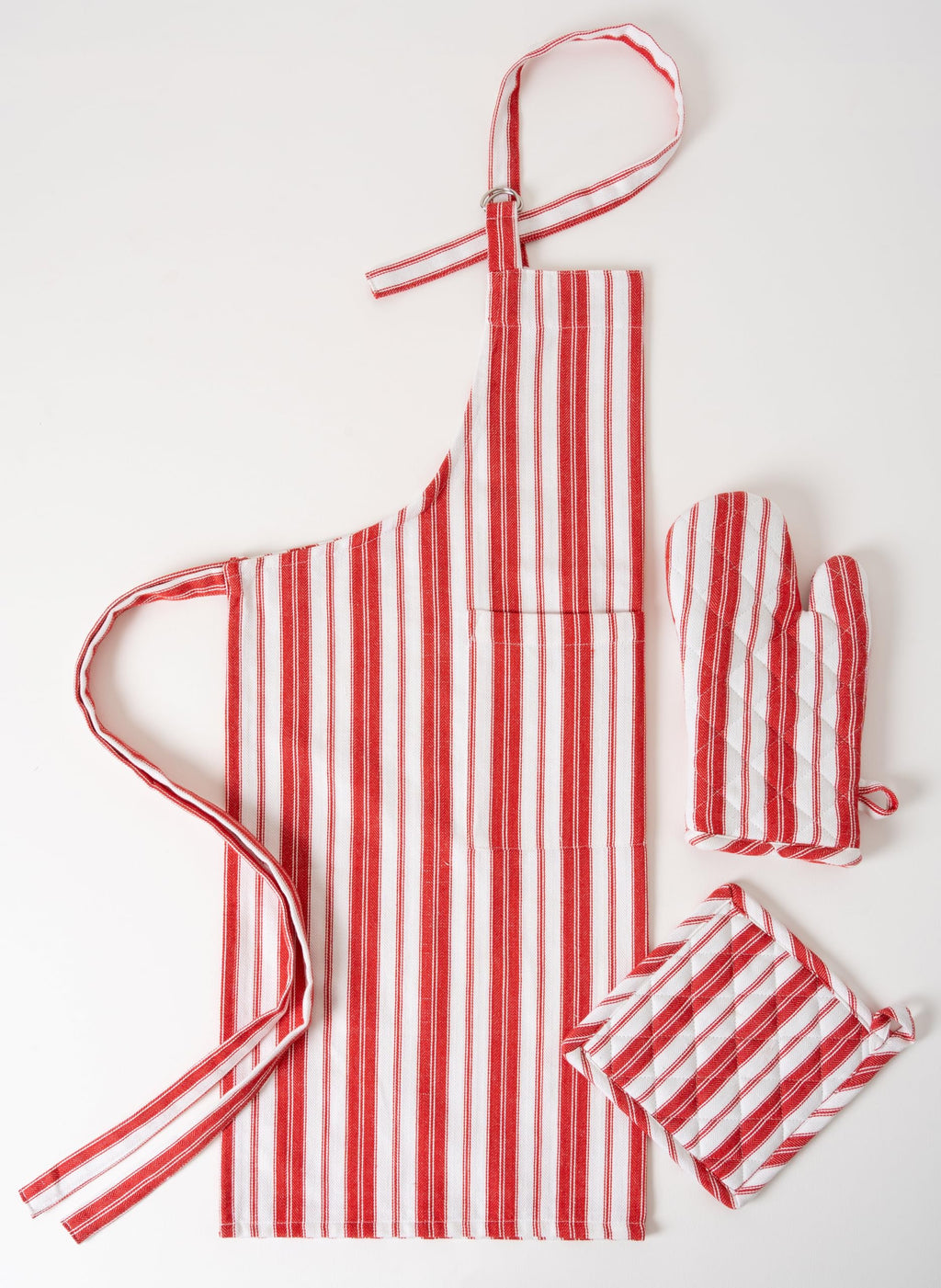 1 Oven Mitt, 1 PotHolder & 1 Kitchen Apron Set - Durable Heat Resistant Gloves - Thick Mittens for Kitchen - Suitable for Cooking, Baking, Grilling – Men & Women – Bright Red Stripes - Casa De Lan