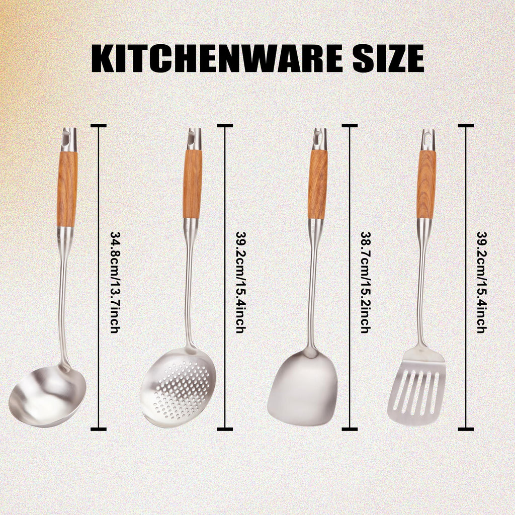 FJNATINH Wok Utensils - Wok Spatula Metal Set, 4-Pieces 14-15 Inch Extra Long, Wok Tools Professional Set, Wooden Handle Skimmer, Soup Ladle, Slotted Turner