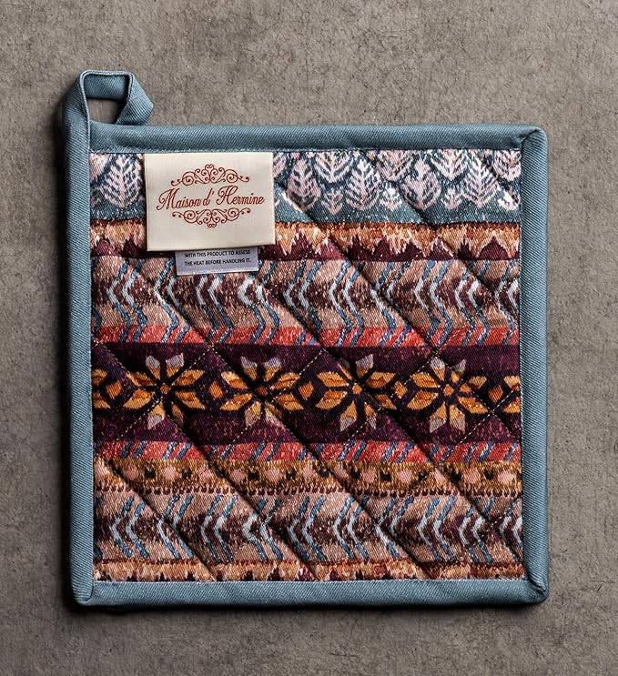 Maison d' Hermine Pot Holders 100% Cotton Heat Resistant Potholders 8" x 8" Hot Pads with Loop BBQ, Cooking, Baking, Grilling, Kitchen, Handling Hot Pans (Pack of 1, Fair Isle)