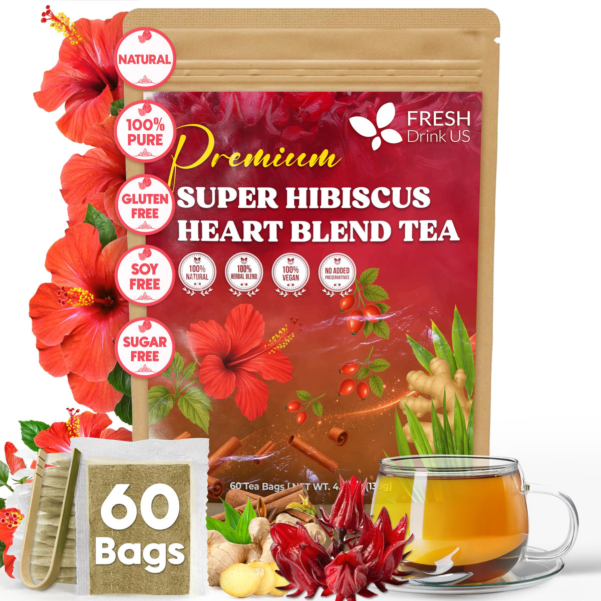 FreshDrinkUS, Premium 60 Mugwort Leaf Tea Bags, 100% Natural and Pure Mugwort Leaves. No Sugar, No Caffeine, No Gluten, Vegan.