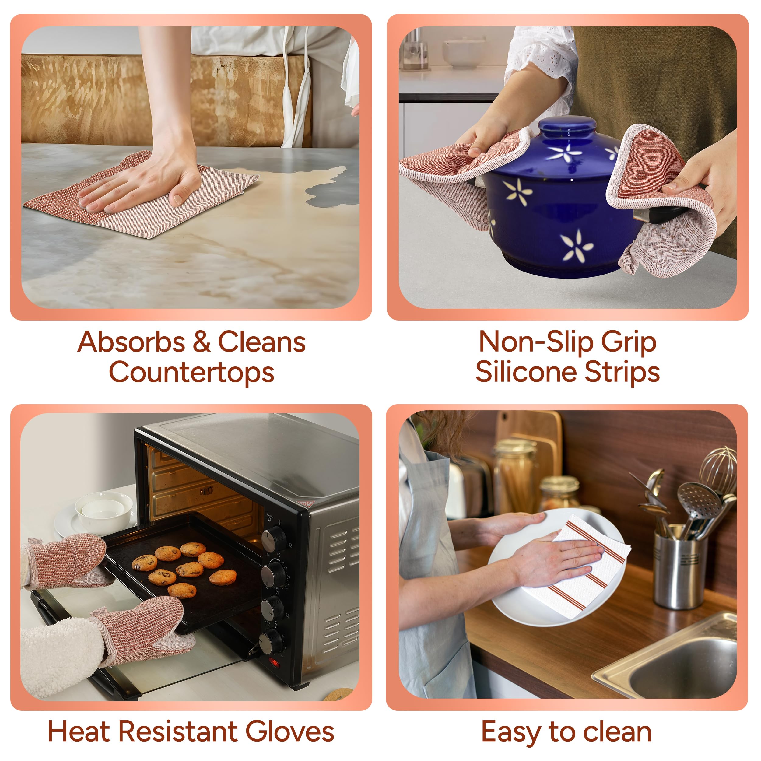 Casa Platino Potholders for Kitchens, 8-Piece – 500°F Heat Resistant Oven Mitts and Pot Holders, Mini Oven Mitt with Silicone Grip, 2 Kitchen Towels & 2 Dish Cloths – Durable & Non-Slip – Canyon Rose