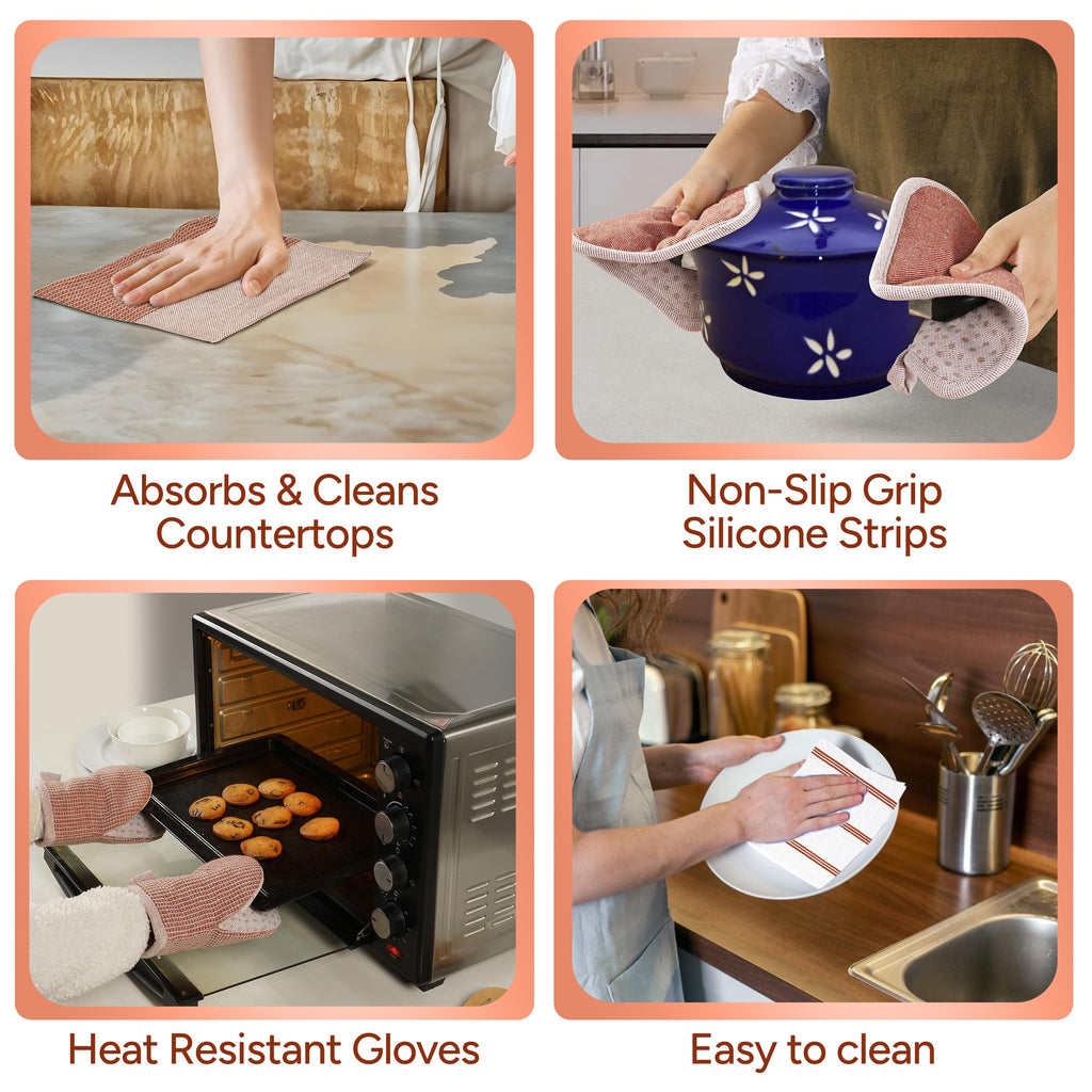 Casa Platino Potholders for Kitchens, 8-Piece – 500°F Heat Resistant Oven Mitts and Pot Holders, Mini Oven Mitt with Silicone Grip, 2 Kitchen Towels & 2 Dish Cloths – Durable & Non-Slip – Canyon Rose