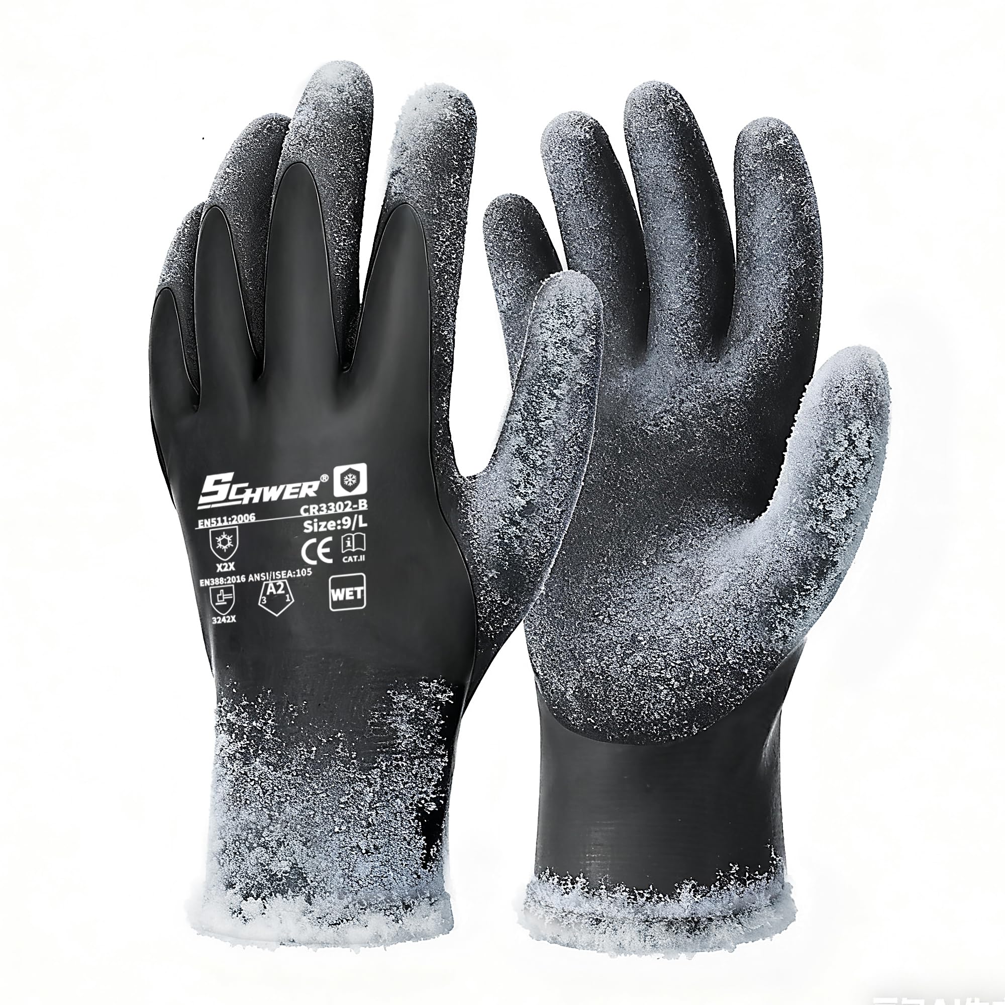 Schwer 2 Pairs Waterproof Winter Work Gloves Latex Coated, CR3302-B, XXL