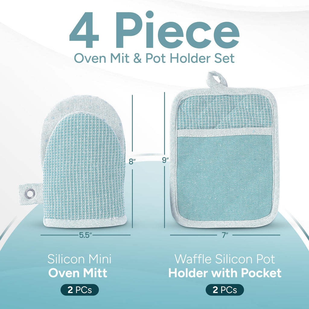 Casa Platino Silicone Oven Mitts & Pot Holders, 4-Piece – Oven Mitt for Baking & BBQ, Pot Holder for Kitchen, Hot Dishes & Microwave – Heat Resistant Up to 500°F, Non-Slip & Machine Washable – Aqua