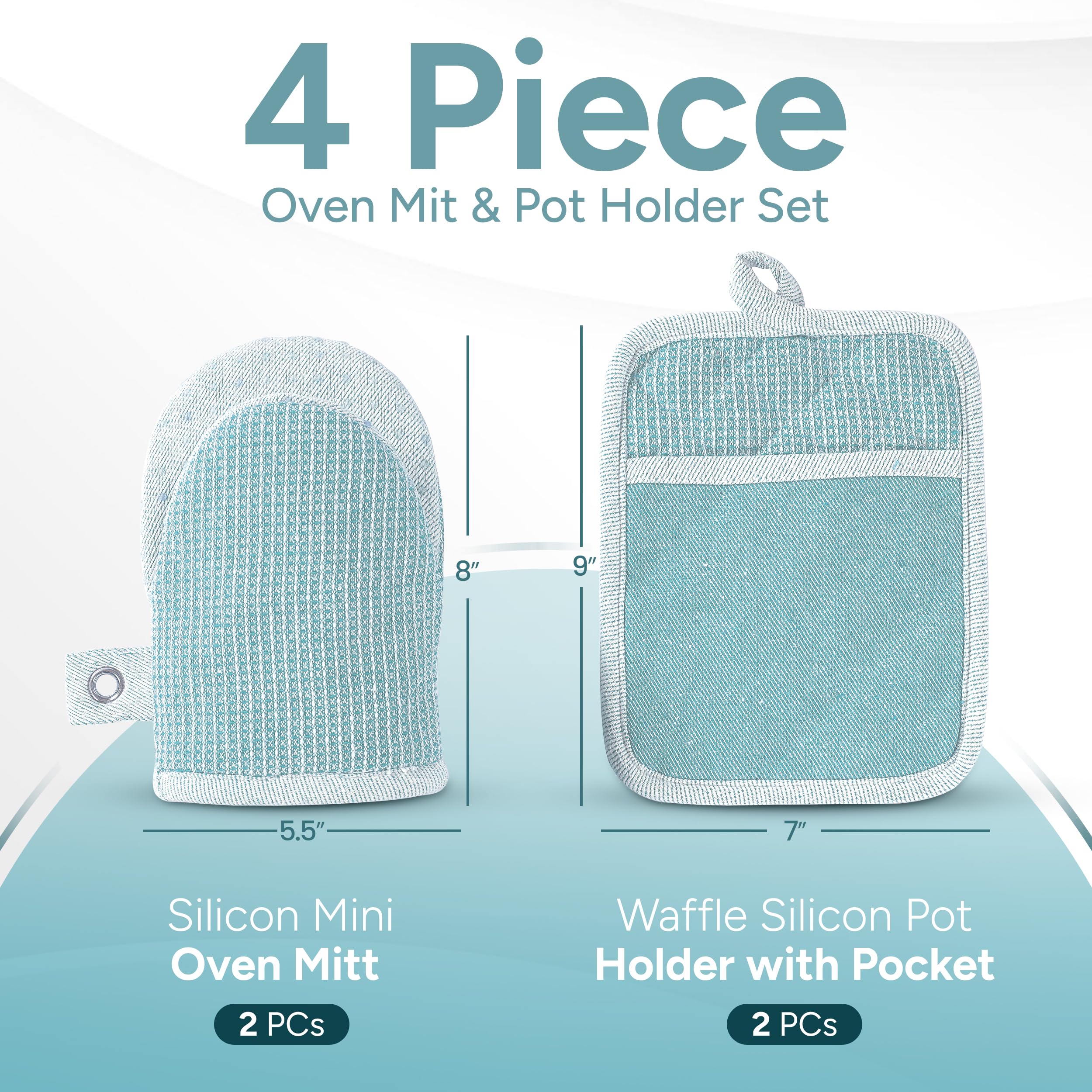 Casa Platino Silicone Oven Mitts & Pot Holders, 4-Piece – Oven Mitt for Baking & BBQ, Pot Holder for Kitchen, Hot Dishes & Microwave – Heat Resistant Up to 500°F, Non-Slip & Machine Washable – Aqua