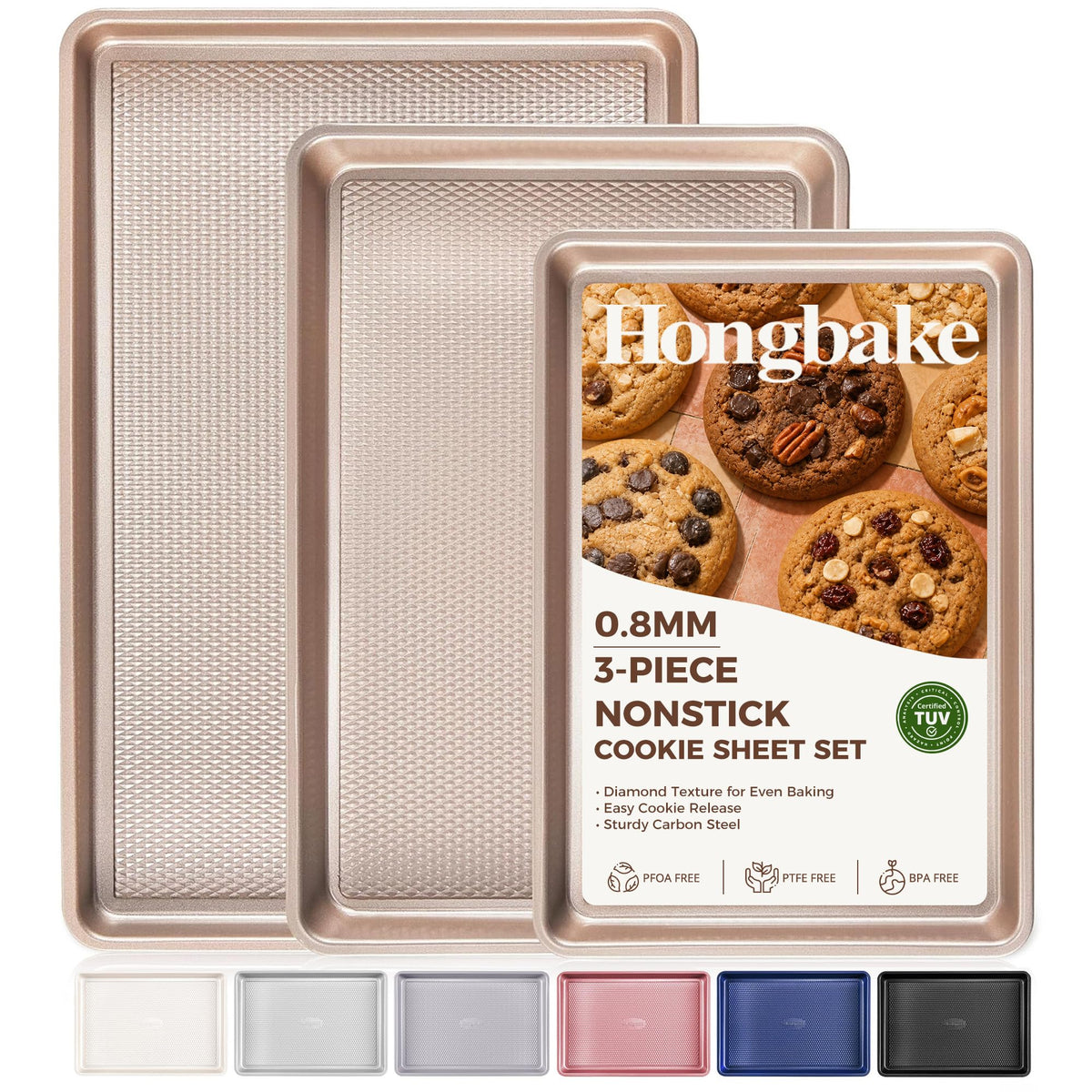HONGBAKE 3 Pack Gold Nonstick Baking Sheet Pan Set with Oven Mitts Heat Resistant, Non-Toxic Half/Quarter/Jelly Roll Pans with Diamond Texture Pattern, Heavy Duty 0.8mm Thick Cookie Trays for Cooking
