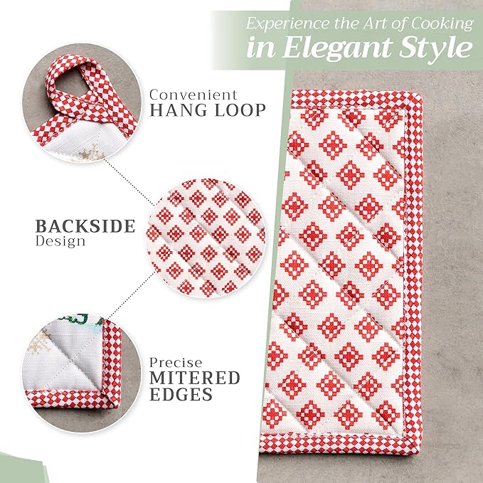 Maison d' Hermine 100% Cotton Oven Mitt & Pot Holder Set (7.5"x13" & 8"x8") Heat Resistant BBQ Cooking Gloves with Loop, Baking, Grilling, Kitchen, Handling Hot Pans (Rural Christmas)