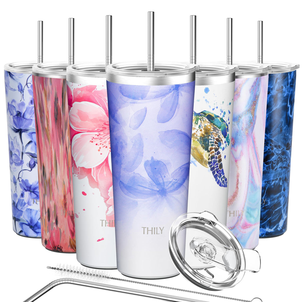THILY Stainless Steel Vacuum Insulated Tumbler Travel Mug 26 oz Coffee Cup with 2 Lids and Straws, Splash Proof, Keep Ice Drinks Cold, Violet Leaves