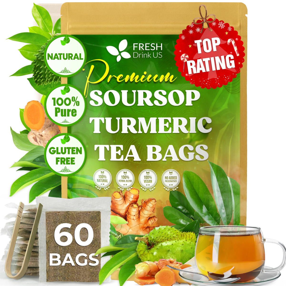 FreshDrinkUS, Premium 60 Mugwort Leaf Tea Bags, 100% Natural and Pure Mugwort Leaves. No Sugar, No Caffeine, No Gluten, Vegan.