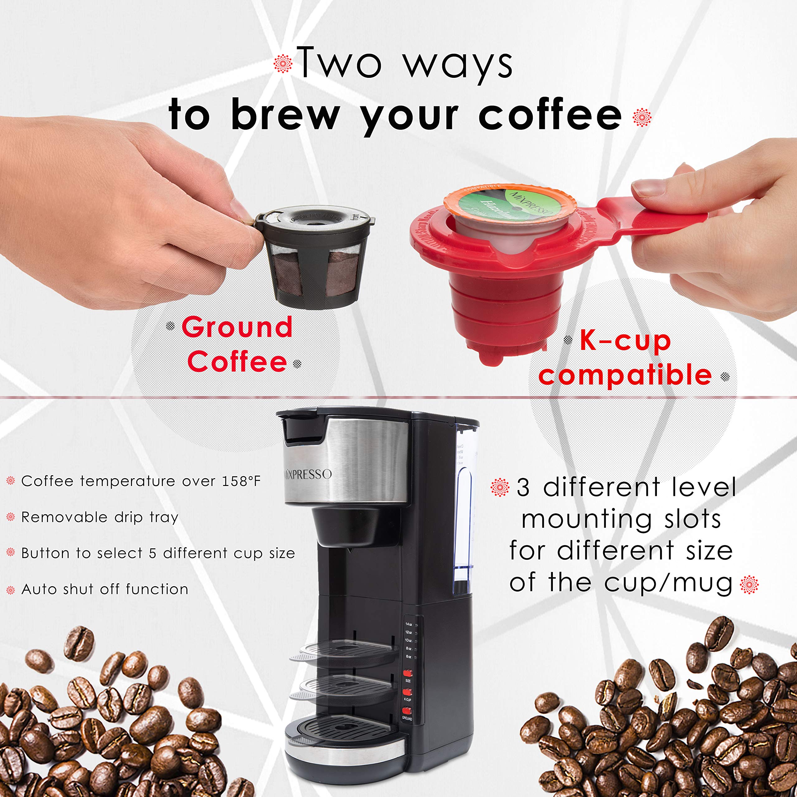 Mixpresso Black Single Serve Coffee Brewer K-Cup Pods Compatible & Ground, 30 oz Compact Coffee Maker Single Serve With 5 Brew Sizes Up To 14 Oz, Fits Travel Mug, Adjustable Drip Tray