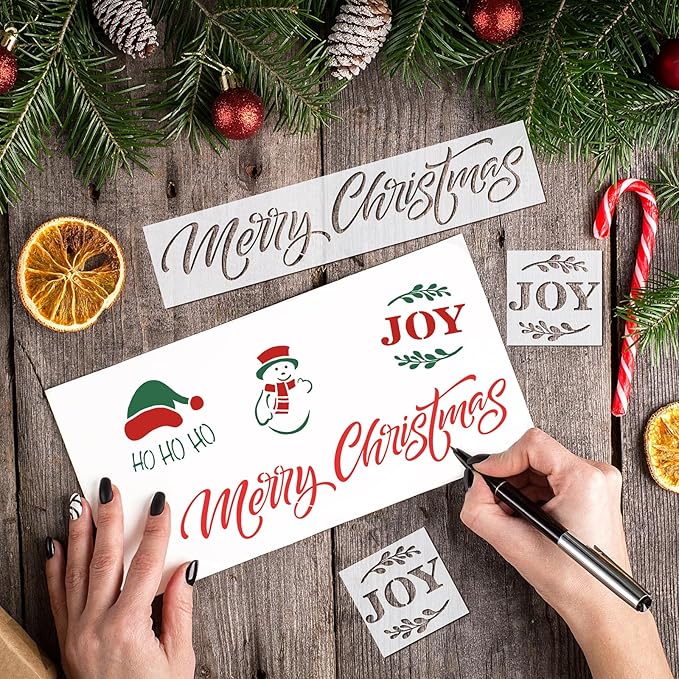 21 PCS Merry Christmas Stencils for Painting Christmas Stencils Template Plastic Reusable Template for Xmas Decor Fabric Canvas Furniture, Wall, Window, Fabric, Wood DIY Home Decor