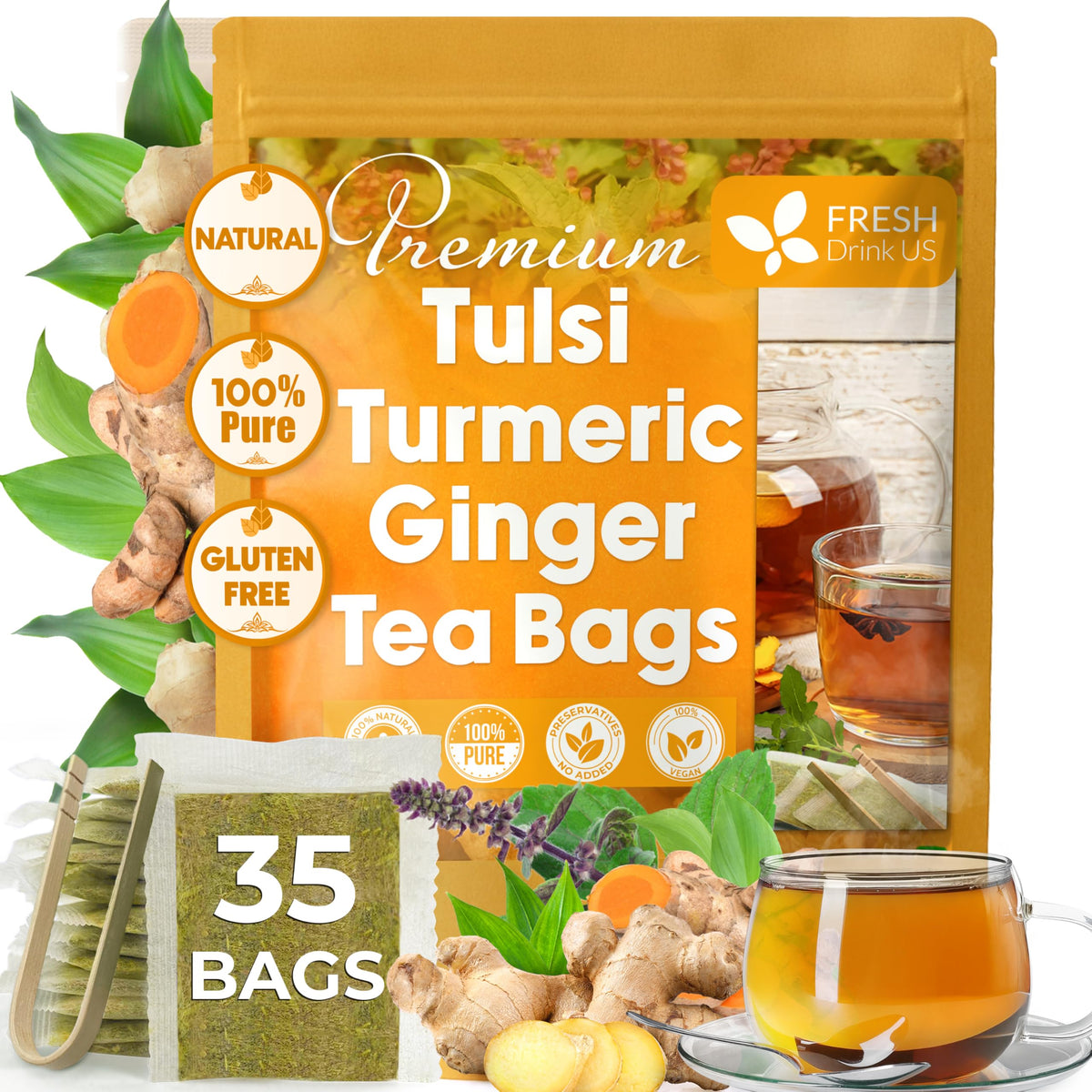 FreshDrinkUS, Premium 35 Tulsi Lemon Ginger Tea Bags, 100% Natural & Pure from Tulsi Holy Basil Leaves, Lemon and Ginger. Made with Natural Material Tea Bags. No Sugar, No Caffeine, Vegan.