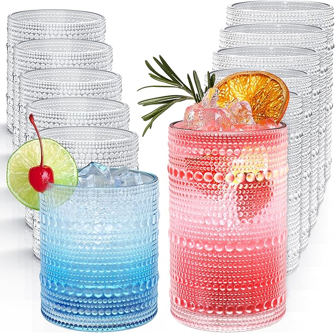 Vintage Hobnail Drinking Glasses Set of 12, 12 oz Highball Glasses & 10 oz Cocktail Glasses, Embossed Glass Cups, Clear Water Glasses Kitchen Bar Glassware Set for Beer, Juice, Cocktail, Whiskey