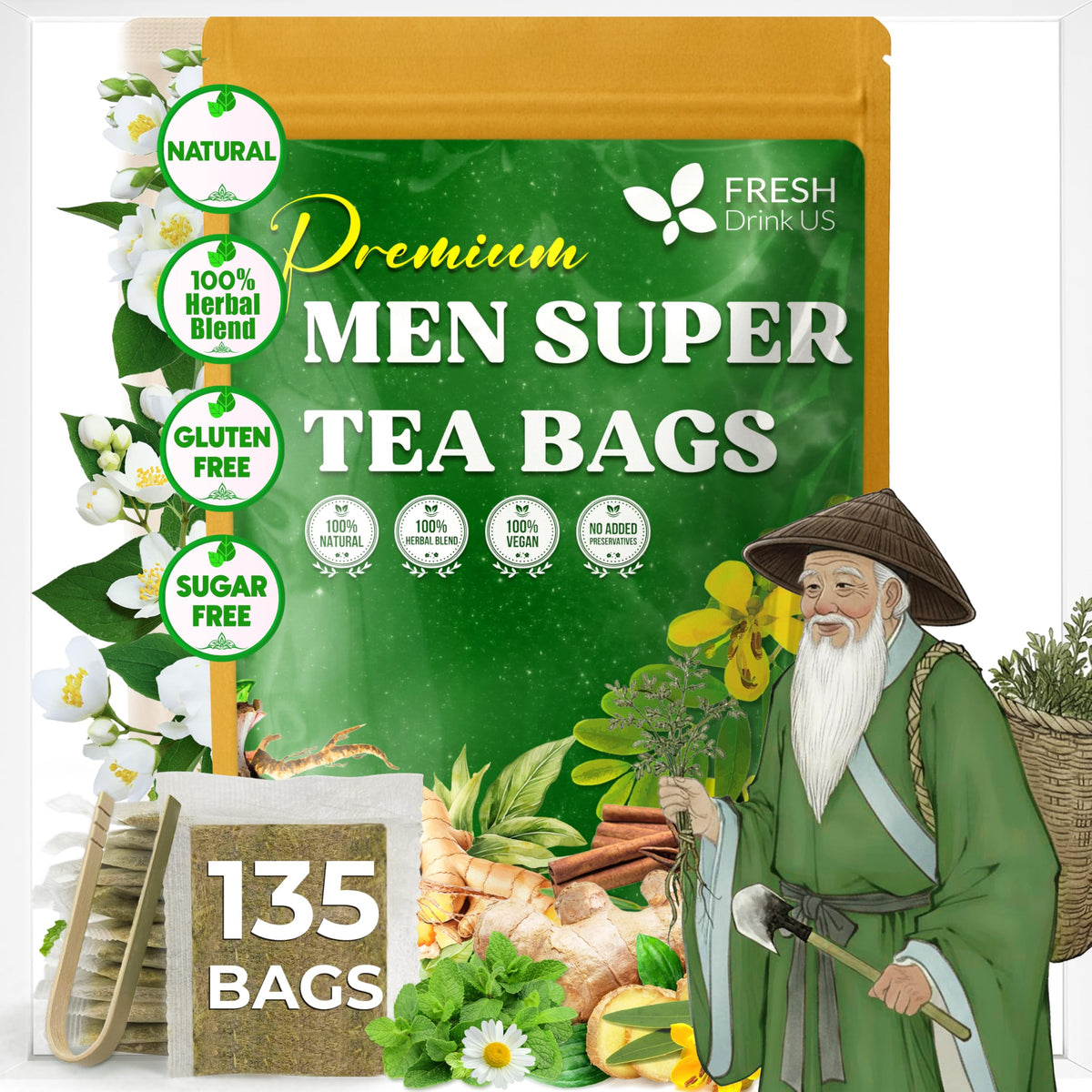 FreshDrinkUS, Premium 135 Ginger Turmeric Tea Bags, 100% Natural Ingredients, Hand-Made Blend of Ginger and Turmeric Herbal Tea, Eco-Conscious Tea Bags. No Sugar, No Caffeine, No Gluten, Vegan.
