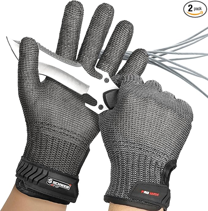 Schwer Ultimate Cut Resistant Gloves Beyond ANSI A9, Reinforced Stainless Steel Glove, Food Grade Mesh Metal Gloves for Butcher Meat Cutting, Oyster Shucking, Mandoline, Non-PFAS, PR1708 (S, 2 PCS)