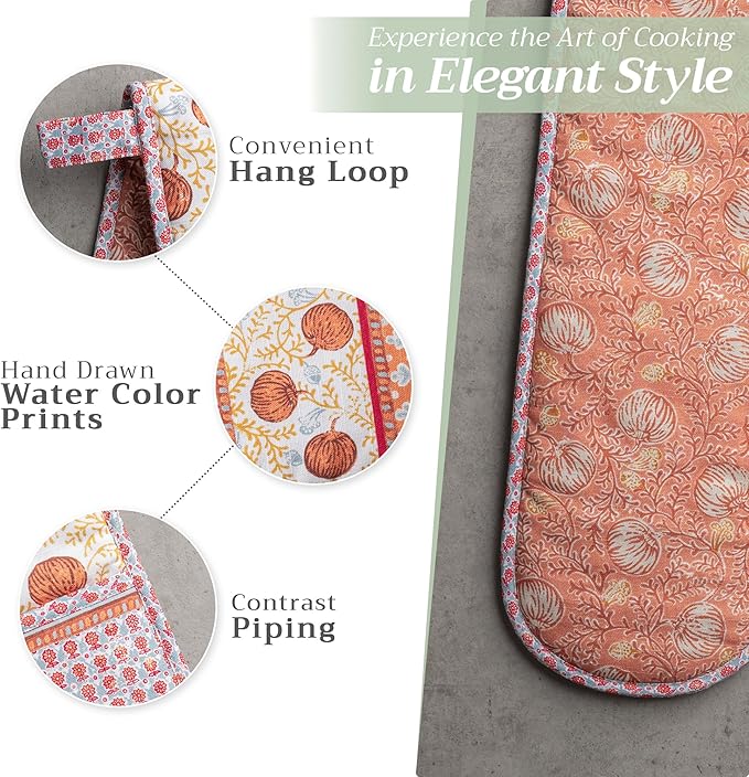 Maison d' Hermine Double Oven Mitts 100% Cotton 7"x35" Double Oven Mitt Heat Resistant BBQ Cooking Gloves with Loop, Baking, Grilling, Home, Kitchen, Handling Hot Pans (Harvest Festival)