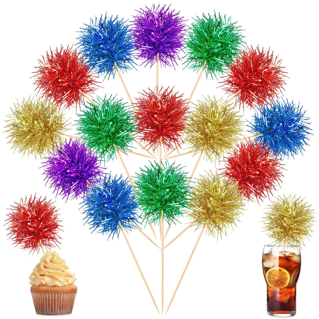 Chinco 100 Pcs Foil Firework Cupcake Toppers Sparkle Tinsel Cake Toppers Cake Decoration Cocktail Fruit Toothpick for Birthday Wedding Graduation Party(Bright Color)