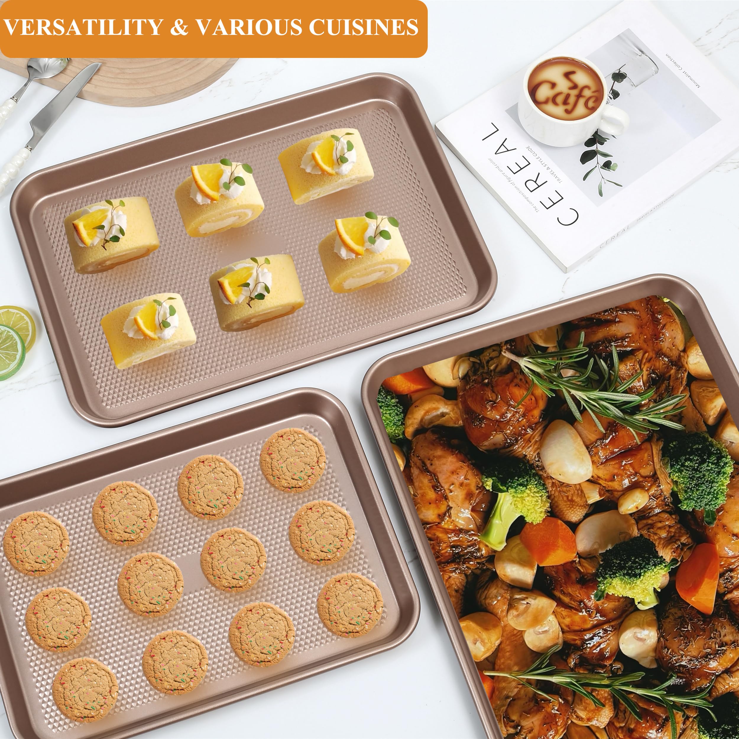 SS&CC Nonstick Baking Sheet Pan Set of 3, 0.8mm Carbon Steel Cookie Sheets for Oven - Half/Quarter/Jelly Roll Pans with Diamond Texture, PFOA-Free & Oven Safe (17.5x12, 15.5x10.2, 13.5x9.5 Inch)