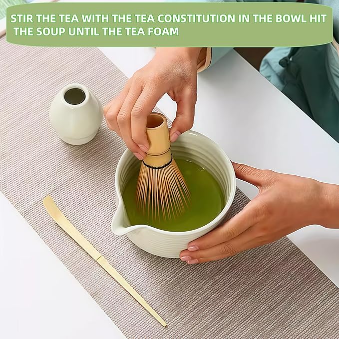 Matcha Whisk Set, Matcha Bowl with Spout, Matcha Whisk and Holder, Bamboo Scoop and Stainless Sifter - 5 Pcs Jade Green Matcha Kit for Matcha Lover