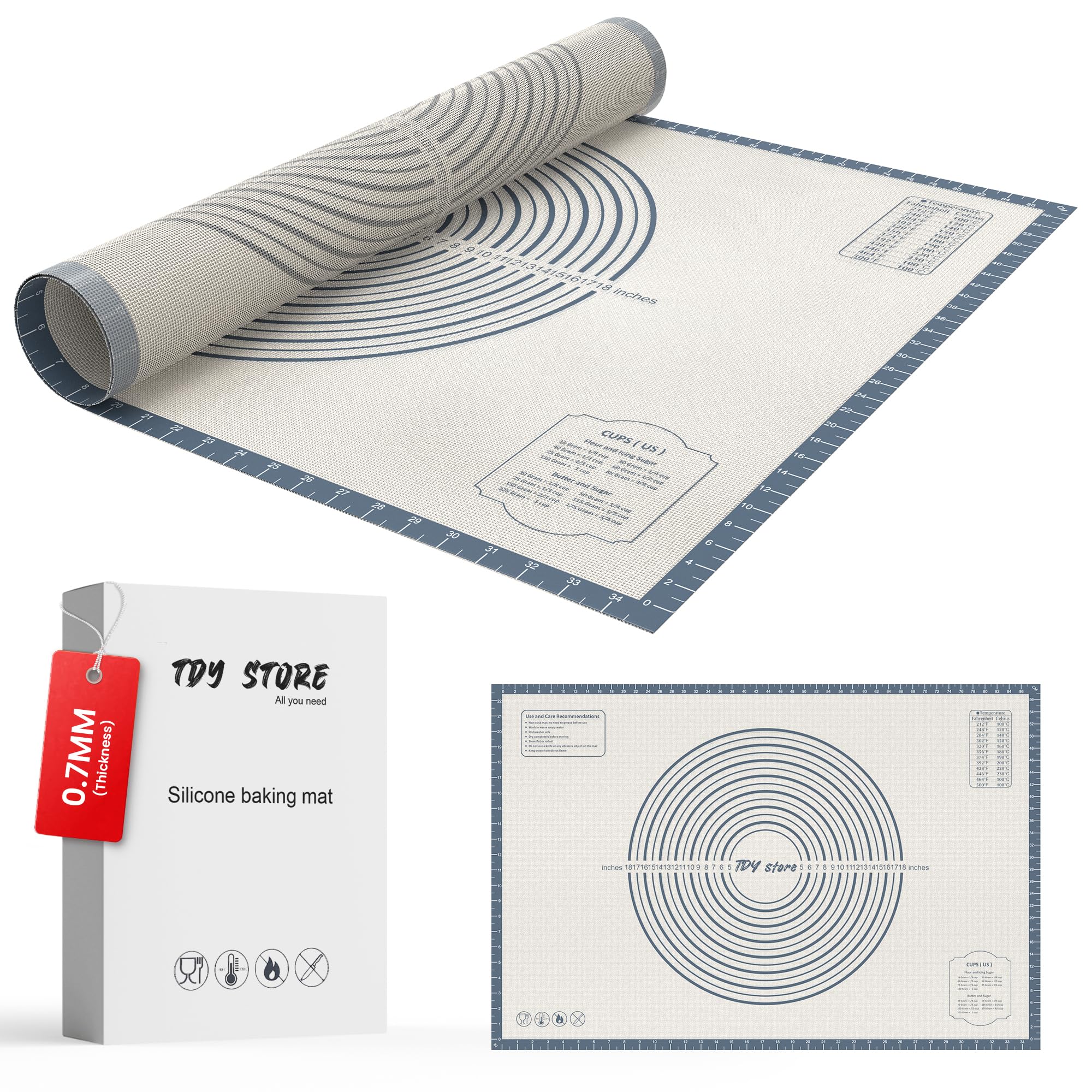 26 * 16 inches Grey, Non-Slip Silicone Baking Sheets - Baking Mat with 0.7mm Thickness - Non-Stick Pastry & Cookie Mat for Kitchen Counter for Rolling Out Dough with Measurements.