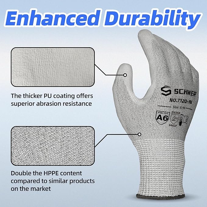 Schwer 12 Pairs ANSI A6 Cut Resistant Gloves CR7120 Cut Proof Work Gloves, Touchscreen, for Men and Women Used for Woodworking, Glass Cutting, Construction, Cargo Handling, Car Repair, XS