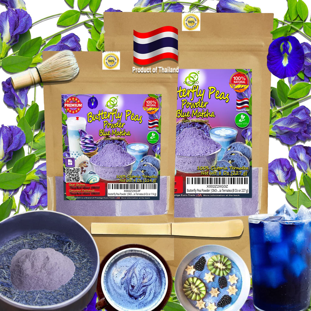Blue Matcha Butterfly Pea Powder 4 Oz | OkO-OkO - Premium - 100% Natural from flowers of Ternatea Thailand No additives - infusion, Blue Herbal tea, Organic Vegan food coloring, cocktail, meal, baking