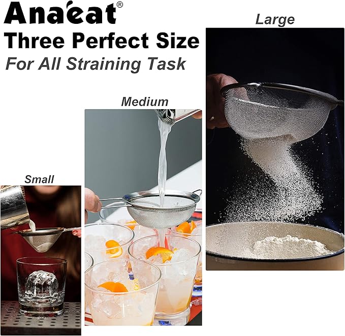 Anaeat Fine Mesh Strainers - Premium Stainless Steel Colander Sieve Sifters, with Durable Mesh and Sturdy Handle, Excellent for Sifting Dry ingredients, Flour, Pastas, Rice, Tea (9.45"）