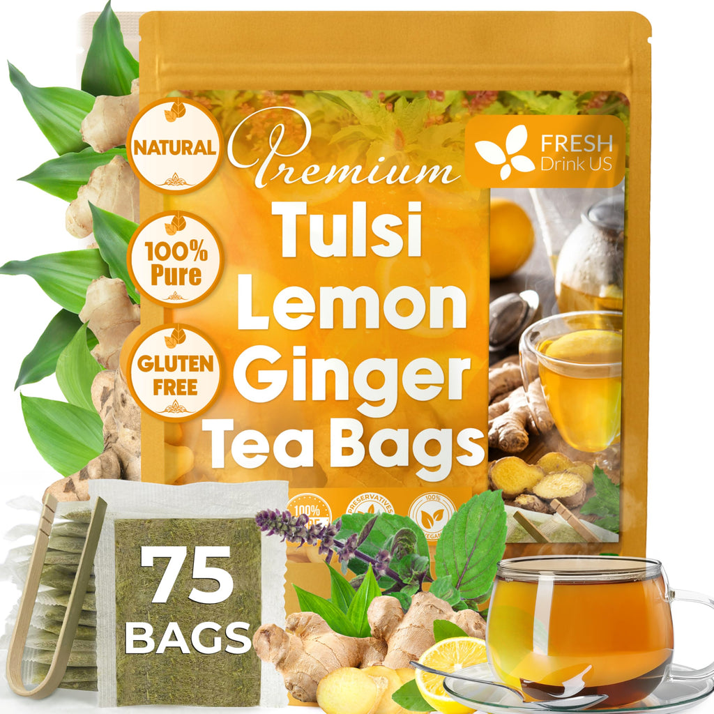 FreshDrinkUS, Premium 75 Tulsi Lemon Ginger Tea Bags, 100% Natural & Pure from Tulsi Holy Basil Leaves, Lemon and Ginger. Made with Natural Material Tea Bags. No Sugar, No Caffeine, Vegan.