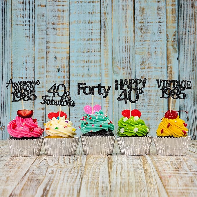 Gyufise 30Pcs Black Glitter Vintage 1985 Cupcake Toppers Awesome Since 1985 Cake Decorations Cheers to 40 Fabulous Forty Cupcake Picks 40th Birthday Wedding Anniversary Party Cake Decorations Supplies