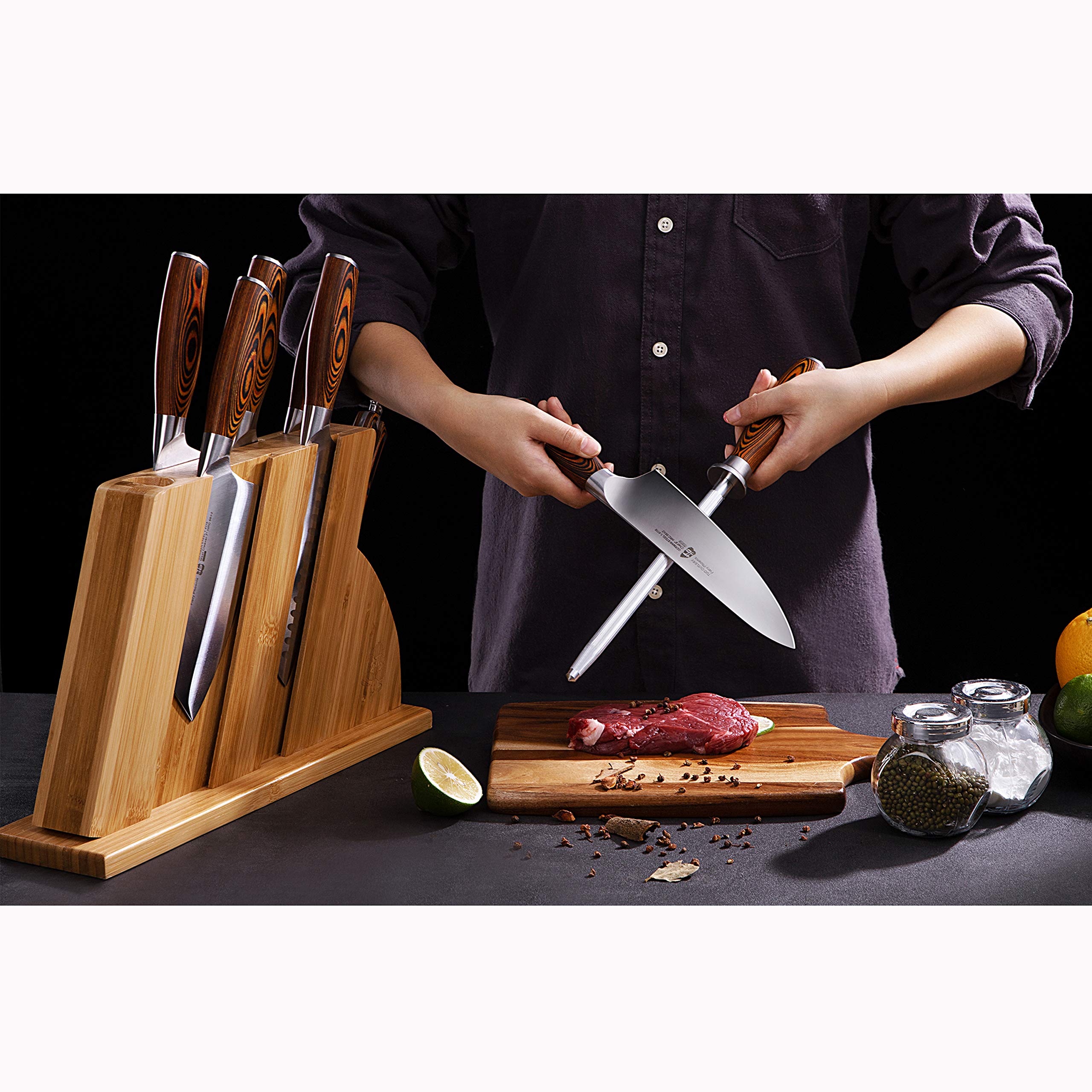 TUO Honing Rod, Sharpening Steel with Larger Diameter for Kitchen Knife Daily Honing Maintenance, High Carbon Steel 8" Knife Sharpener Rod, Ergonomic Handle