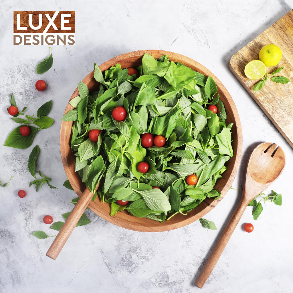 Luxe Designs Wooden Salad Bowl Set - Food Safe & Sustainable Decorative Bowl - Wood Bowl for Fruits, & Salads - Easy to Clean Large Salad Bowls Set w/Spoon, Fork – Wooden Bowls for Food