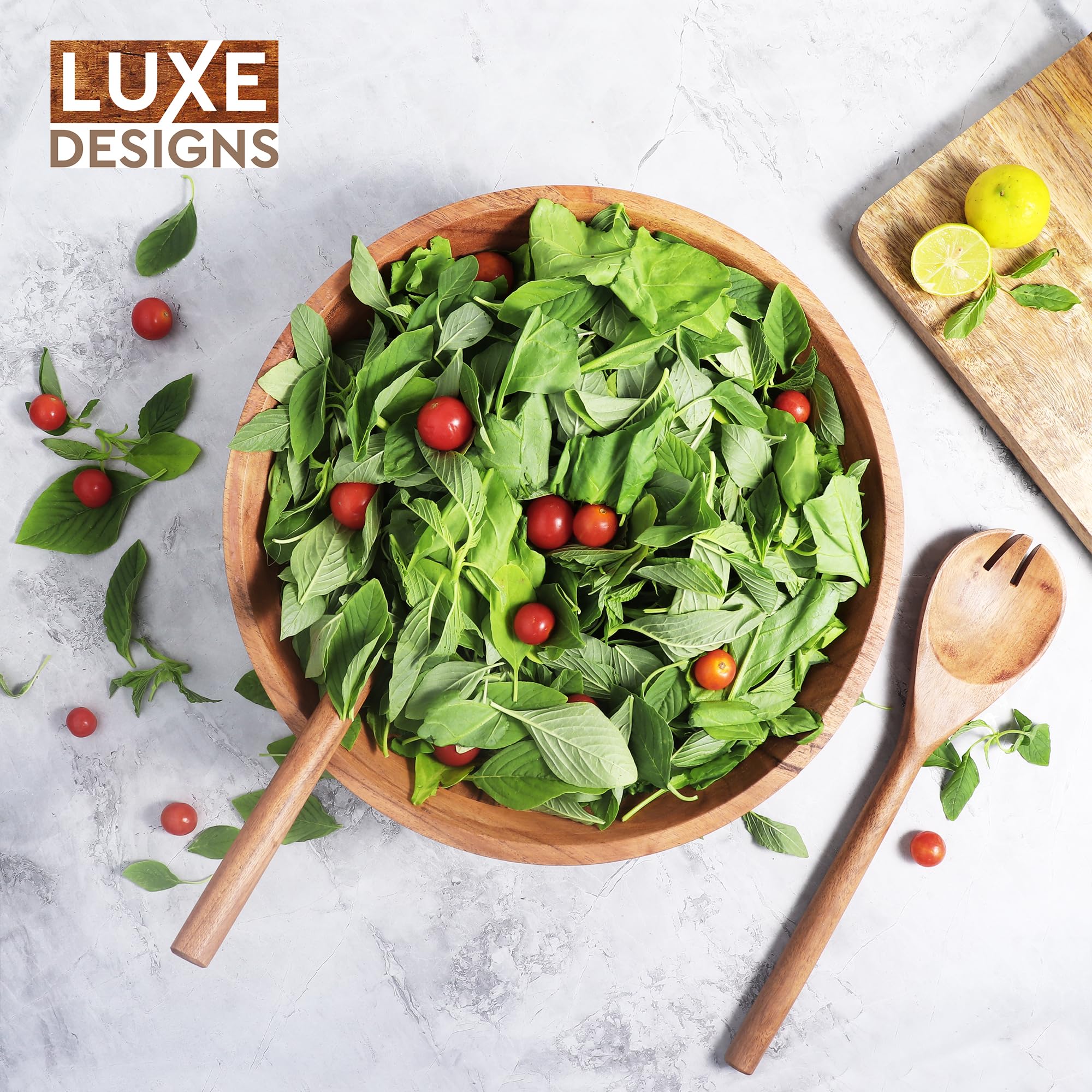 Luxe Designs Wooden Salad Bowl Set - Food Safe & Sustainable Decorative Bowl - Wood Bowl for Fruits, & Salads - Easy to Clean Large Salad Bowls Set w/Spoon, Fork – Wooden Bowls for Food