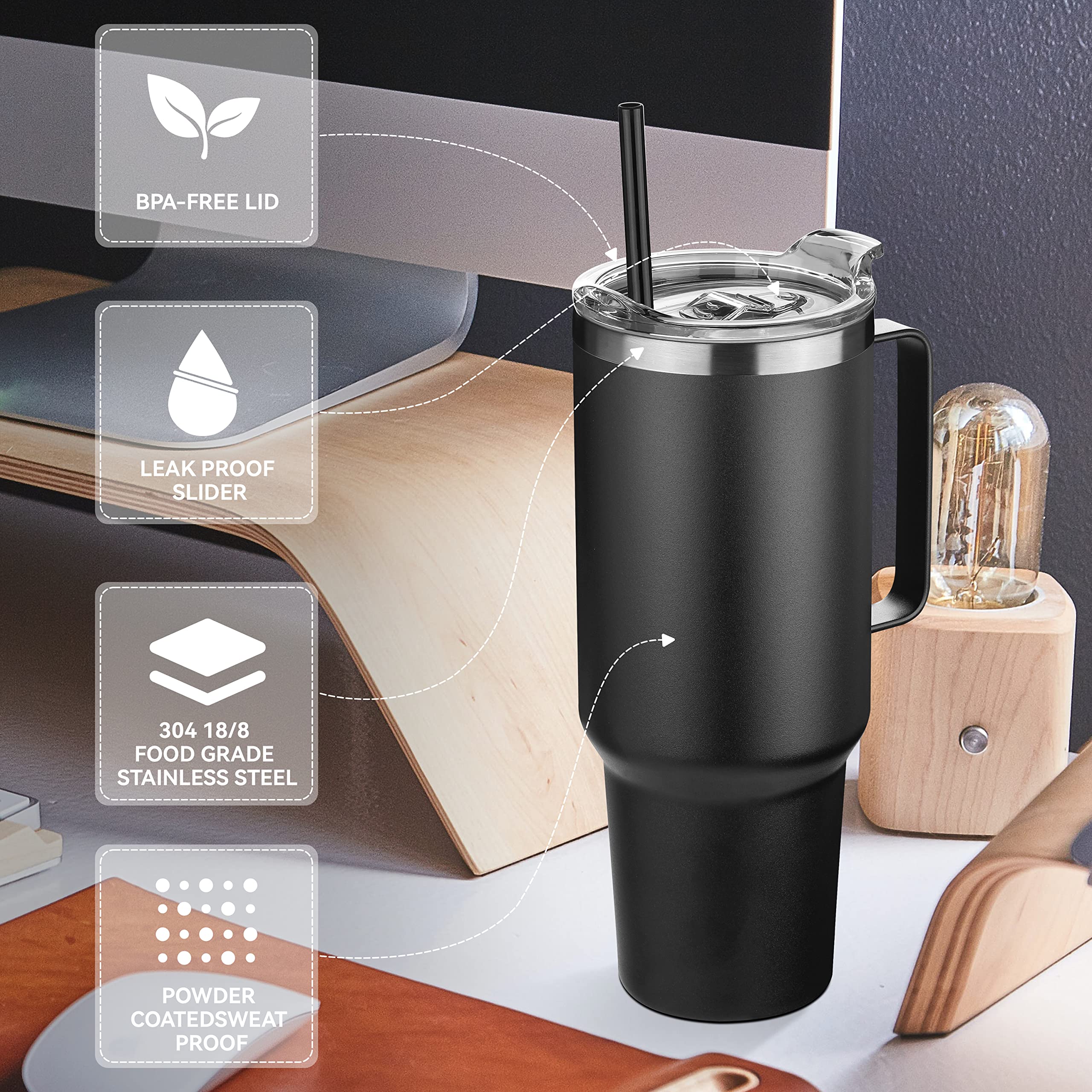 HASLE OUTFITTERS 40 oz Stainless Steel Tumbler with Handle, Vacuum Insulated Tumblers Bulk, Reusable Double Wall Travel Coffee Mug, Durable Powder Coated Water Bottles(Black, 4)