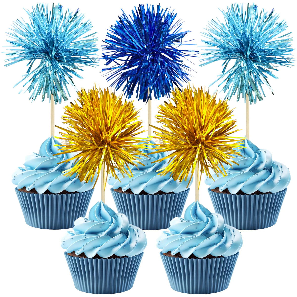 Gyufise 30Pcs Foil Firework Cupcake Toppers Sparkle Tinsel Cake Toppers Tinsel Drink Cake Decoration Cocktail Picks for Birthday Wedding Graduation Party Supplies Dark Blue