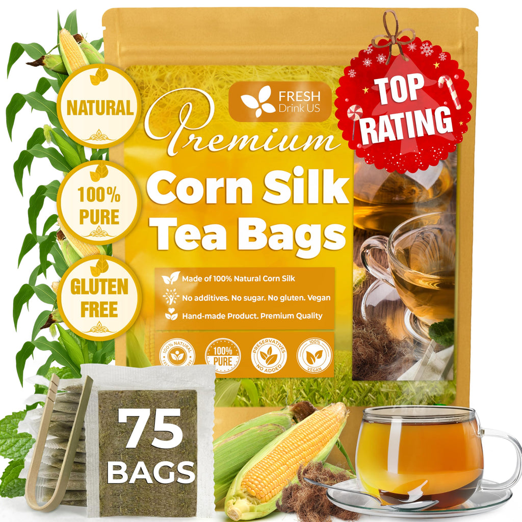 FreshDrinkUS, Premium 75 Tea Bags Corn Silk Tea, 100% Natural & Pure from Corn Silk. Corn Silk Herbal Tea. Clean Ingredients. Made with Natural Material Tea Bags. No Sugar, No Caffeine, Vegan.