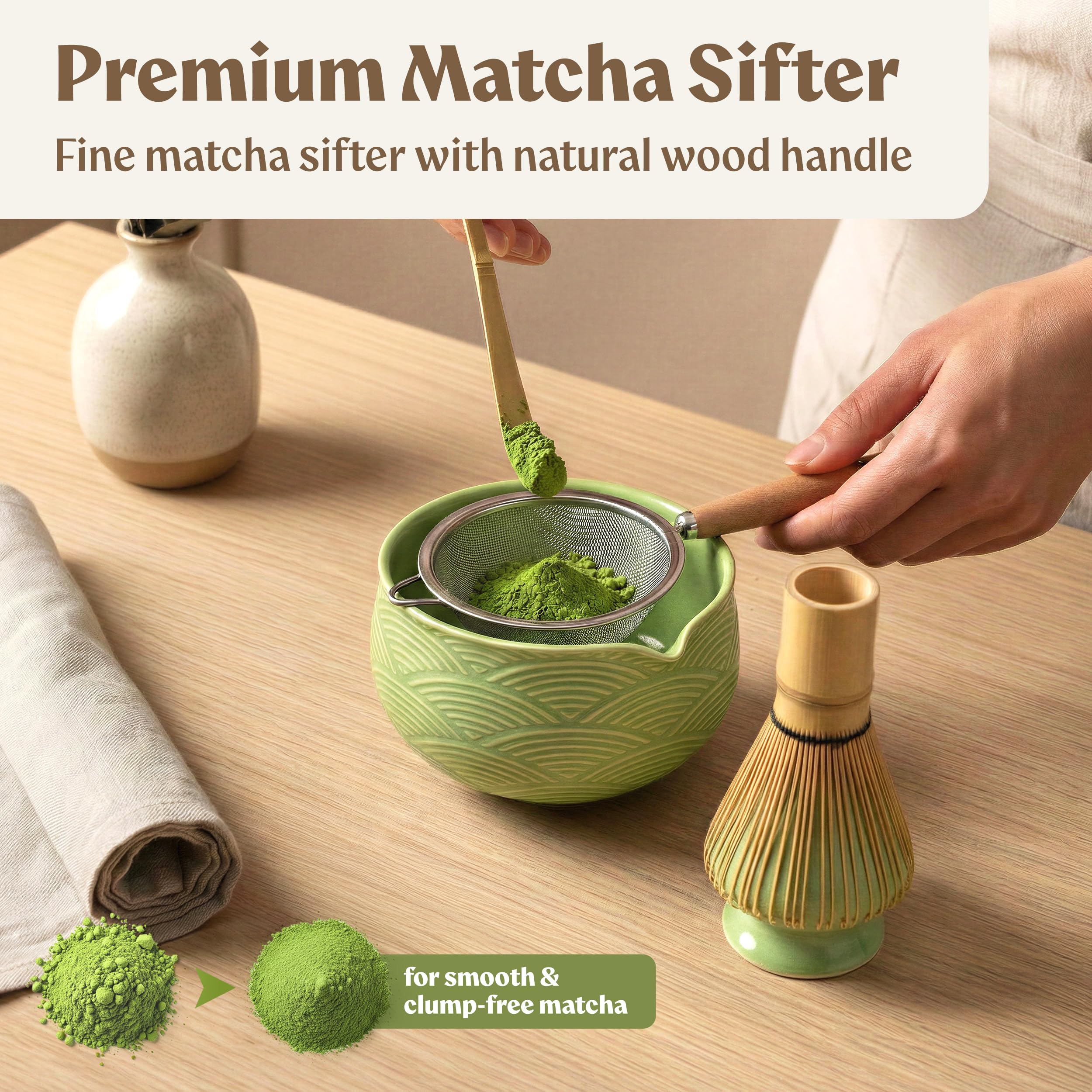 EDELHAUS Matcha Kit Whisk Set (7 Pcs) - Complete Matcha Set, Matcha Bowl with Spout, Whisk with Holder, Bamboo Scoop with Rest and Sifter, Perfect Kit for Matcha Lovers (Green Mist)