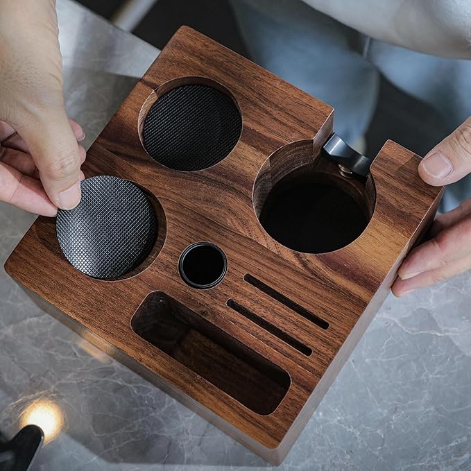 Complete 51mm Espresso Machine Accessories Kit – Walnut Handle Tamper, Coffee Distributor, WDT Tool, Knock Box, and Tamping Station
