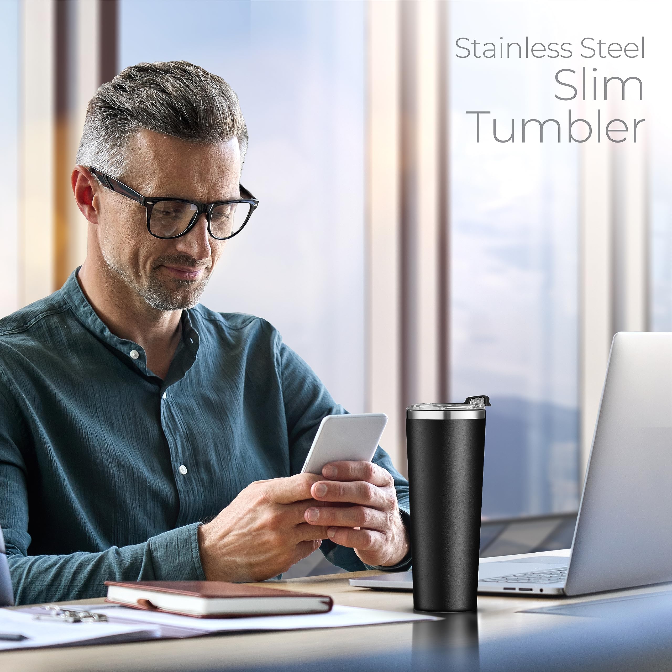 SIPX™ 22 oz Insulated Coffee Tumbler with Leakproof Lid – Stainless Steel, Vacuum Insulated – Keeps Drinks Hot or Cold for Hours – Cupholder Friendly Travel Mug – Black