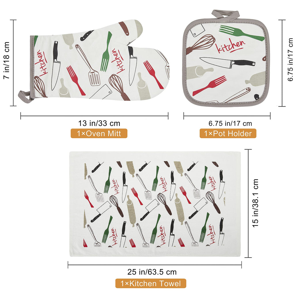 Oven Mitts and Potholders Dish Towles Set 100% Cotton for Perfect for Gifting, Baking, and Everyday Cooking Durable Heat Resistant for Kitchen and Machine Washable (3-Piece Fork and Knife)