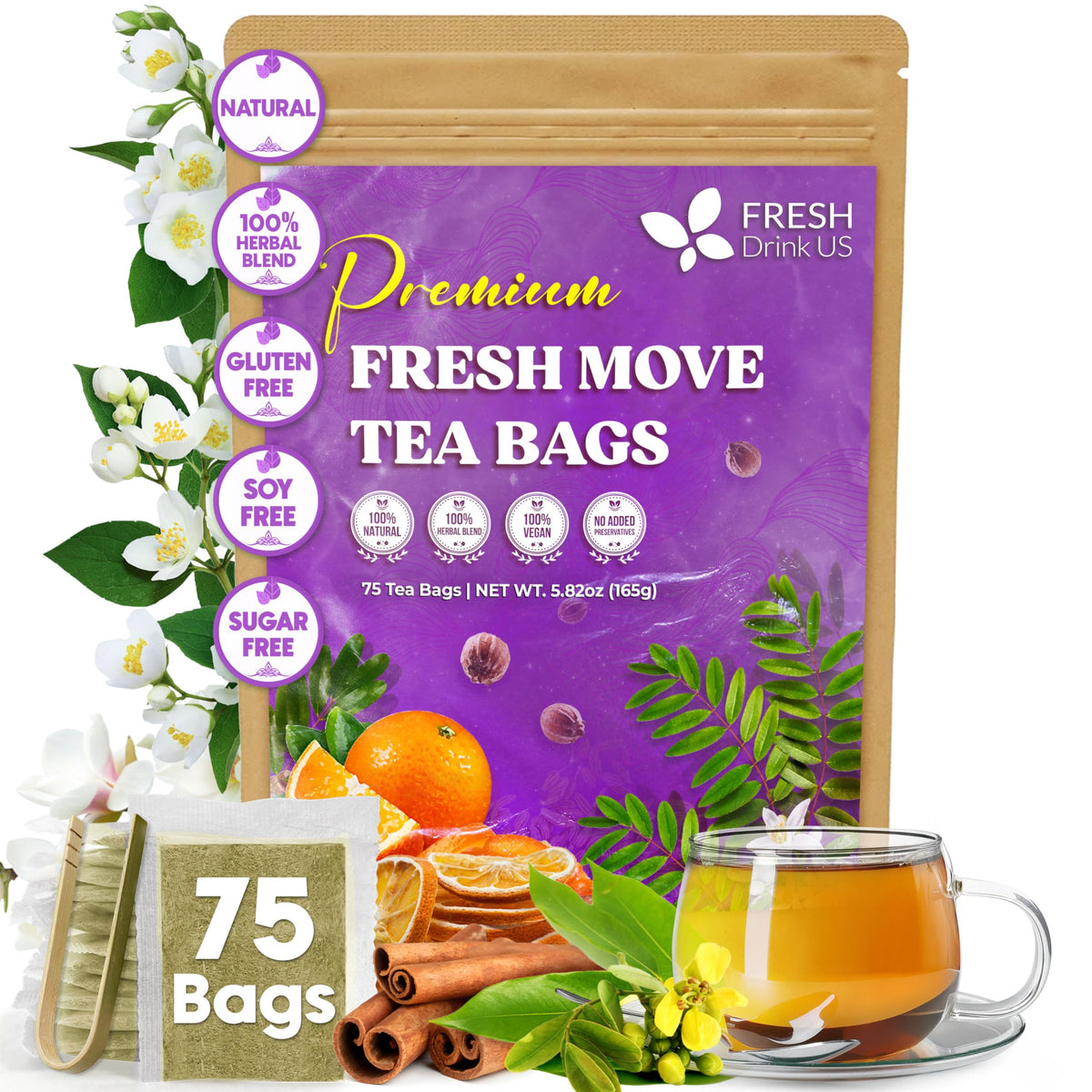 FreshDrinkUS, Premium Fennel Seed Tea, 75 Count, Pure, Caffeine Free