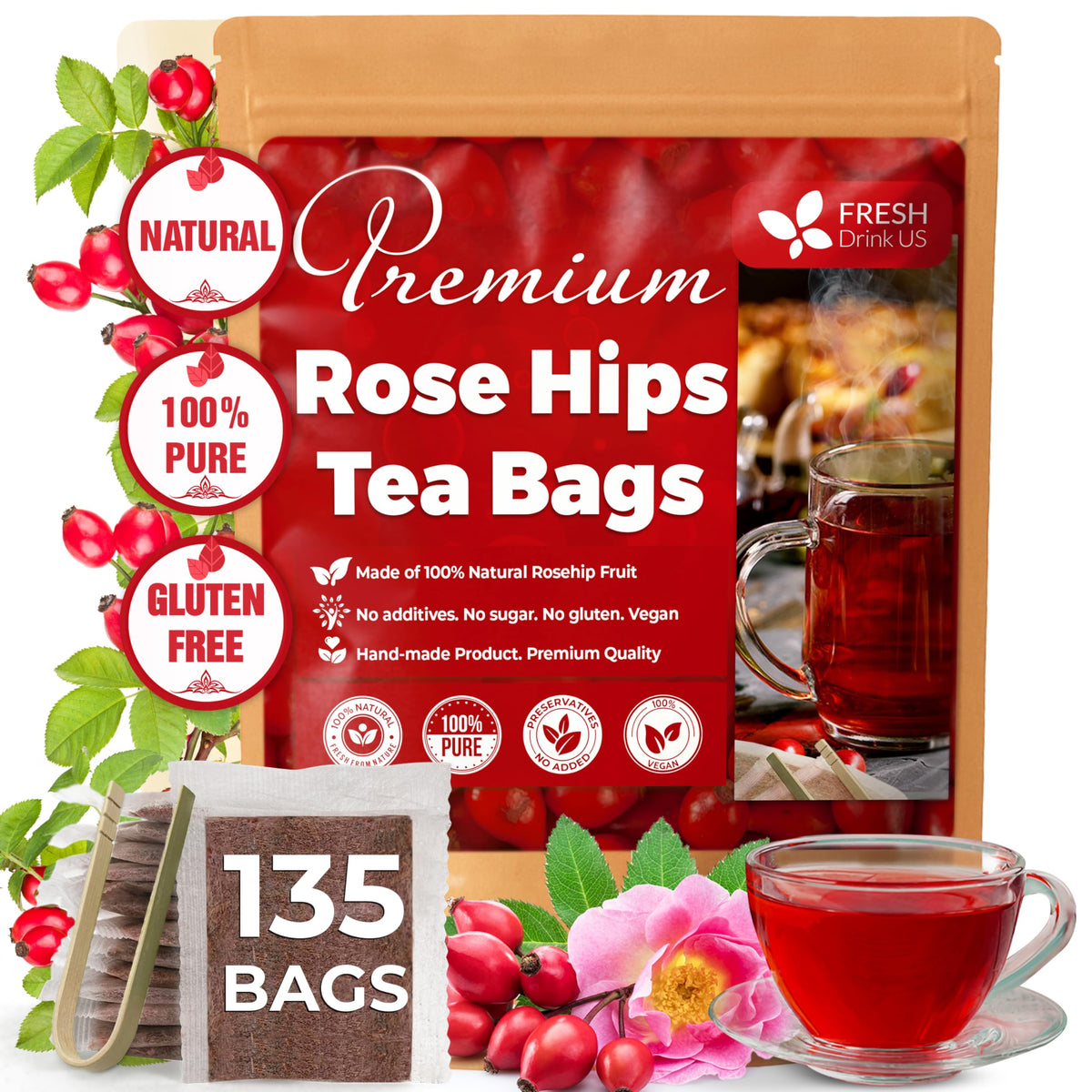 FreshDrinkUS, Premium 135 Ginger Turmeric Tea Bags, 100% Natural Ingredients, Hand-Made Blend of Ginger and Turmeric Herbal Tea, Eco-Conscious Tea Bags. No Sugar, No Caffeine, No Gluten, Vegan.