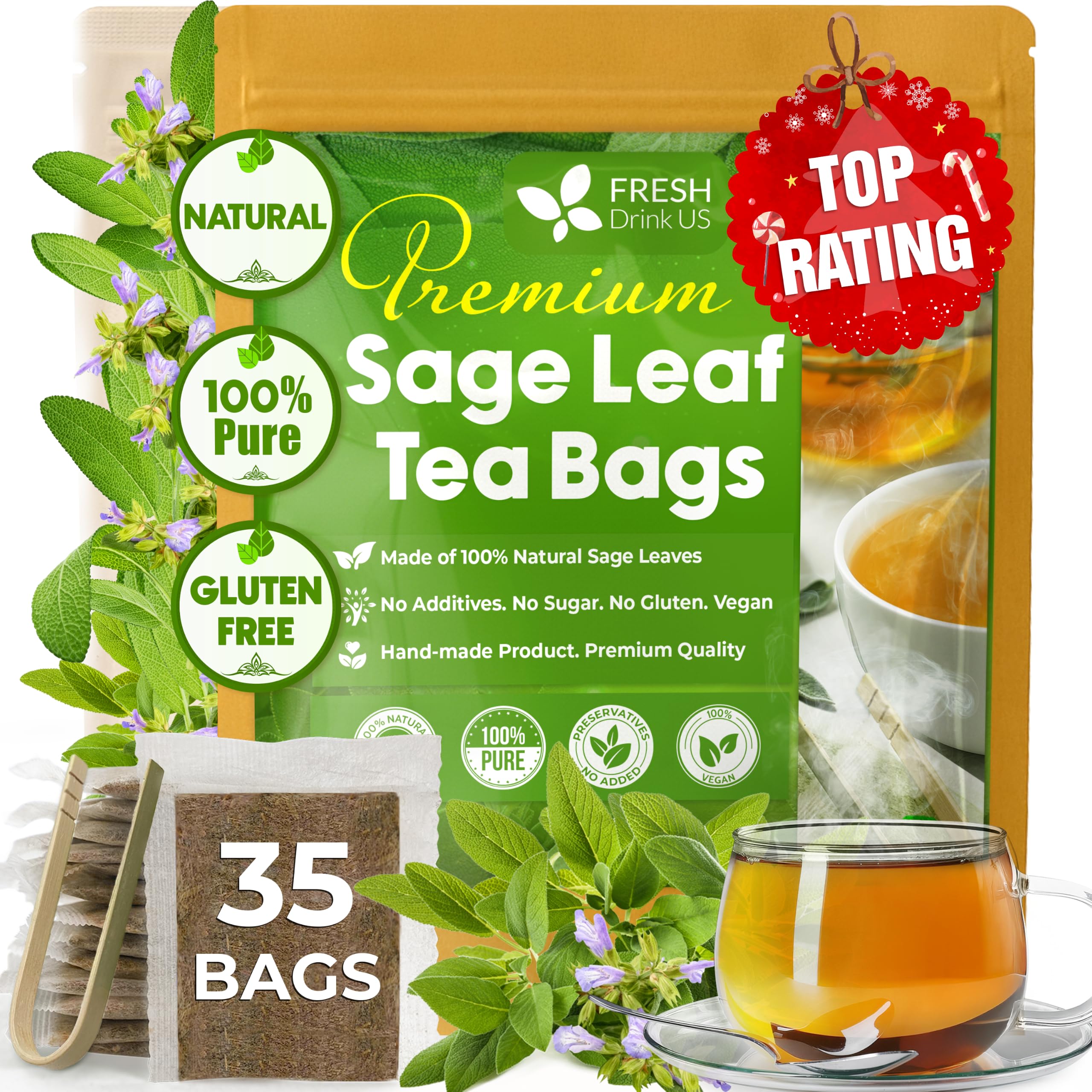 FreshDrinkUS, Premium 35 Sage Leaf Tea Bags, 100% Natural & Pure. Loose Leaf Herbal Tea. Made with Eco-Conscious Tea Bags. No Sugar, No Caffeine, No Gluten, Vegan.